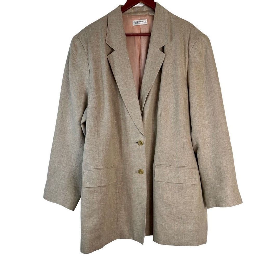 Vintage Elisabeth Liz Claiborne 100% Linen Tan Blazer Women’s 22 Minimalist Chic